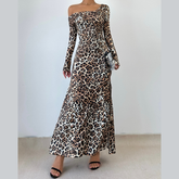 Leopard print one shoulder long sleeve slit maxi dress