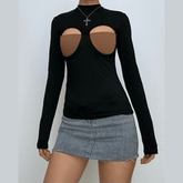 Long sleeve crewneck patchwork hollow out cut out top