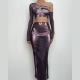 Long sleeve one shoulder body print irregular midi skirt set-final-sale