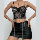 Leopard print v neck cross metal chain PU leather cami top