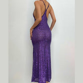 Glitter u neck see through backless cami maxi dress-final-sale