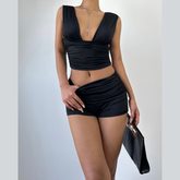 V neck ruched solid short pant set
