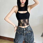 Hoodie lace hollow out off shoulder 2-way cut out top