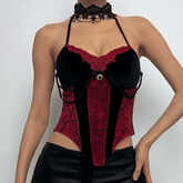 Contrast lace hem halter backless velvet corset top | victorian gothic dresses