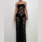 Lace ruched ruffle see through tube maxi dress-final-sale