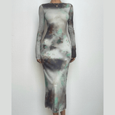 Long sleeve crewneck tie dye mesh gloves contrast midi dress-final-sale