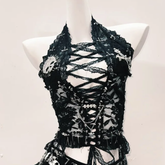 Hollow out lace up lace hem skull applique cut out top