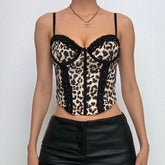 Leopard print sweetheart neck lace hem cami top