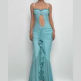 Ruffle ruched lace hem hollow out cami cut out maxi dress