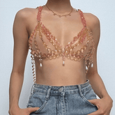 Metal chain beaded faux pearl cross backless bralette top
