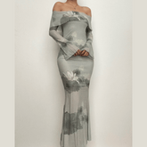 Mesh flower print off shoulder contrast long sleeve midi dress