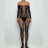 Long sleeve off shoulder fishnet pattern bodystocking