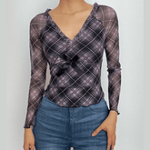 Plaid ruffle v neck mesh contrast top-final-sale