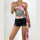 V neck flower print mesh cami top