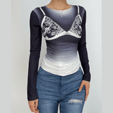 Long sleeve body print gradient crewneck contrast top-final-sale