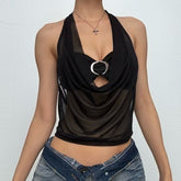 Halter self tie mesh backless solid 2 piece top