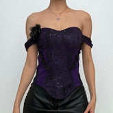 Off shoulder embroidery glitter flower applique top