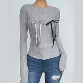 Bowknot applique contrast long sleeve round neck top-final-sale