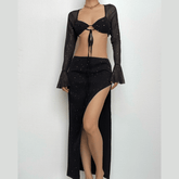 Self tie long sleeve textured backless slit low cut midi skirt set-final-sale