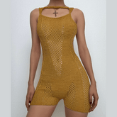 Knitted hollow out backless solid romper