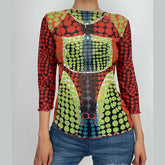 Sheer mesh long sleeve polka dot thermal contrast ruffle 2-way top-final-sale