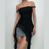 Off shoulder ruffle irregular mesh top