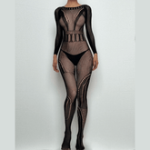 Long sleeve fishnet hollow out solid bodystocking
