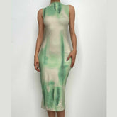 Tie dye sleeveless contrast crewneck midi dress-final-sale