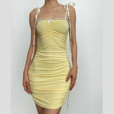 Ruched lace hem self tie square neck backless mini dress