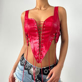 Lace up PU leather patchwork tank top