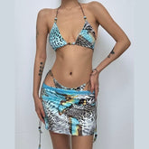 Halter self tie lace hem print 3 piece mini skirt set