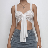 Lace mesh patchwork knotted crop cami top