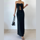 Self tie backless solid tube maxi skirt set