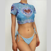 Mesh round neck tie dye self tie solid 3 piece swimwear