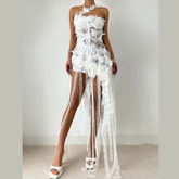 One shoulder lace hem flower applique mini dress