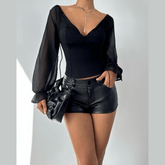 Long sleeve v neck low cut mesh solid top