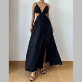 Hollow out deep v neck zip-up slit cami cut out maxi dress