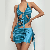 Contrast low cut hollow out self tie irregular mini skirt set-final-sale