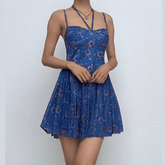 Halter sweetheart neck flower print mesh cami mini dress-final-sale