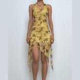 Halter butterfly print ruffle irregular midi dress