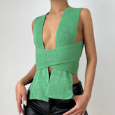Knitted solid self tie backless crop top