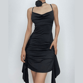 Cowl neck flower applique ruched backless solid mini dress-final-sale