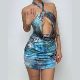 Ruched hollow out print metal chain cut out mini dress