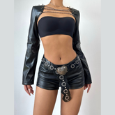 Long sleeve PU leather metal chain shrug top