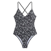 Cross back v neck self tie print one piece swimwear