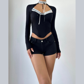 Long sleeve self tie v neck top