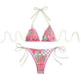 Halter self tie print v neck bikini swimwear