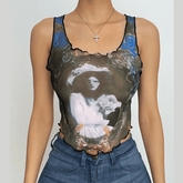 Sheer mesh u neck see through print sleeveless ruffle crop top-final-sale