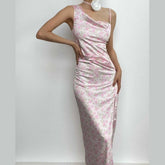Contrast irregular slit sleeveless flower print cowl neck midi dress-final-sale