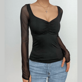 Gloves mesh long sleeve ruched v neck solid top